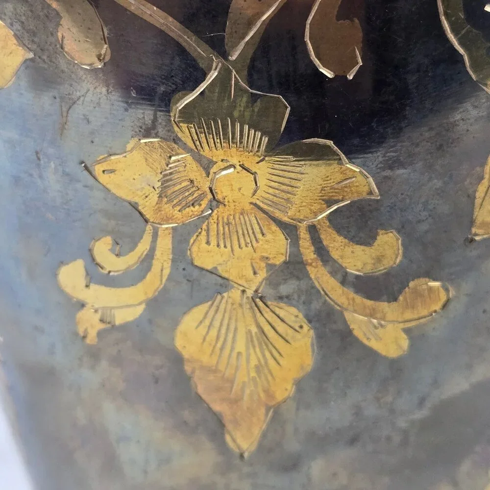 Brass Etched Floral Vase Gold Flowers Vines Leaves Vintage Decor Decoration